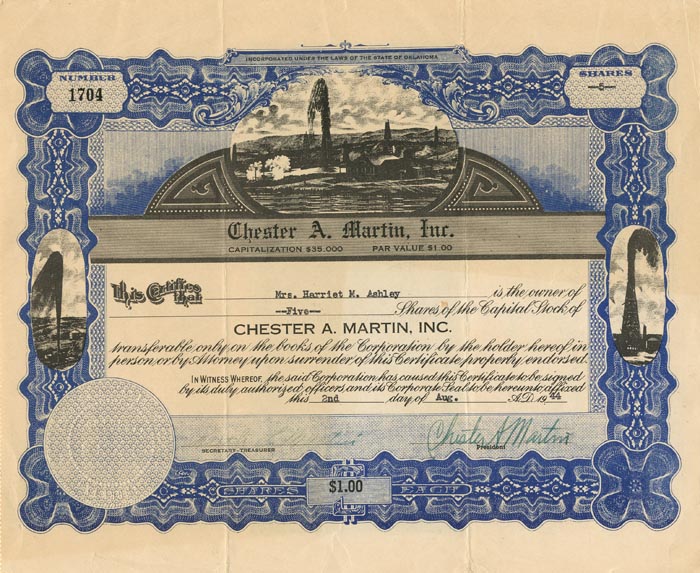 Chester A. Martin, Inc. - Stock Certificate